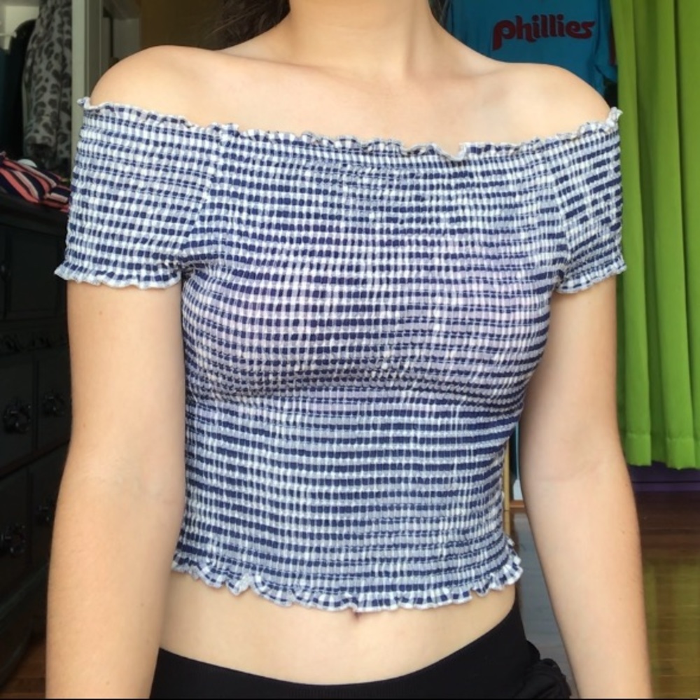 Blue & white smocked off-the-shoulder top
